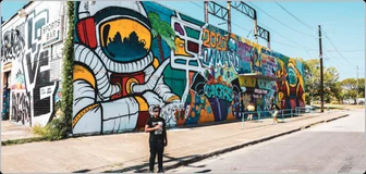 A muralled street wall near the Orange, California office