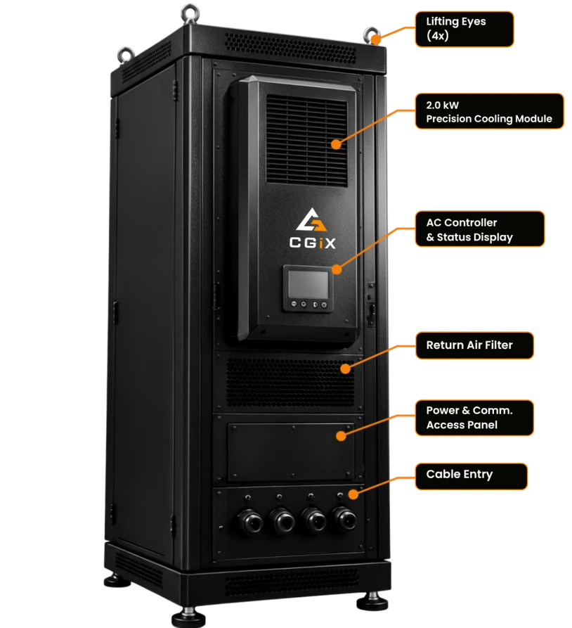 A CGiX Node rack unit, with its lifting eyes, precision cooling module, AC controller, return air filter, power and comms access panel, and cable entry called out