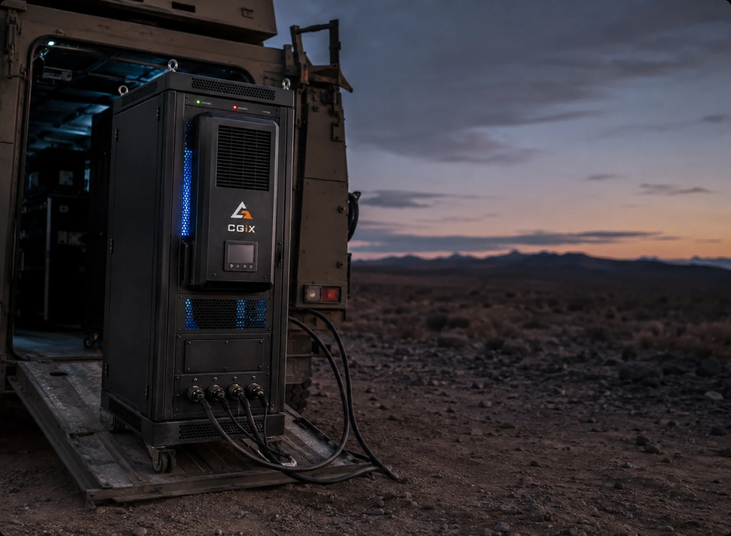 A CGiX Node deployed on open ground at dusk, connected and running