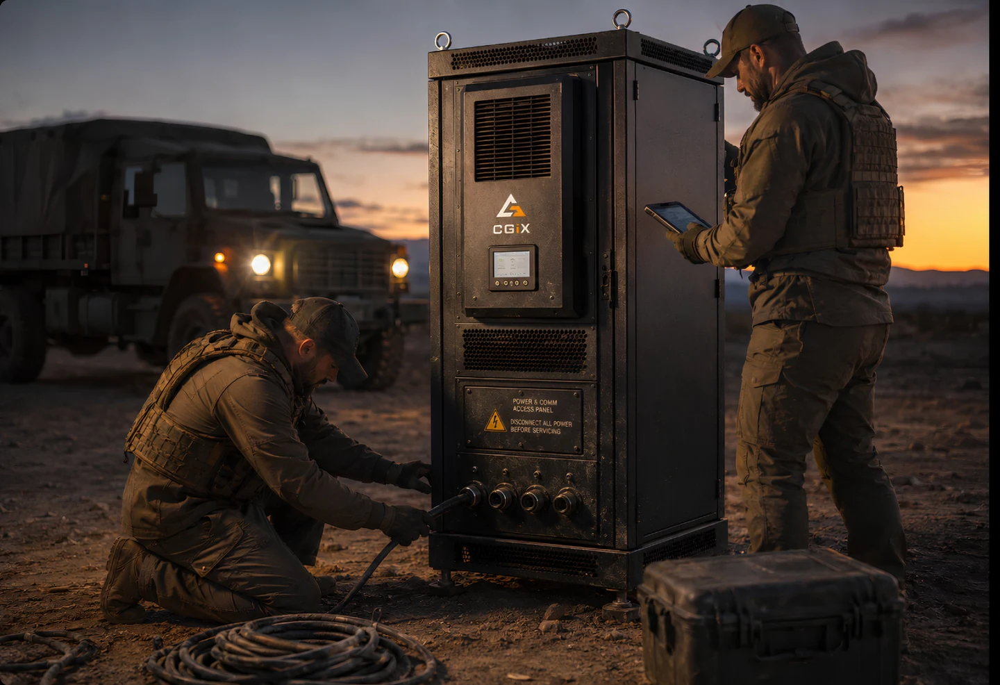 Two CosmicGen technicians commissioning a CGiX Node at a remote site