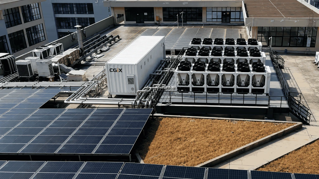 A rooftop CGiX cooling deployment: fan-wall array and pipework beside a solar field